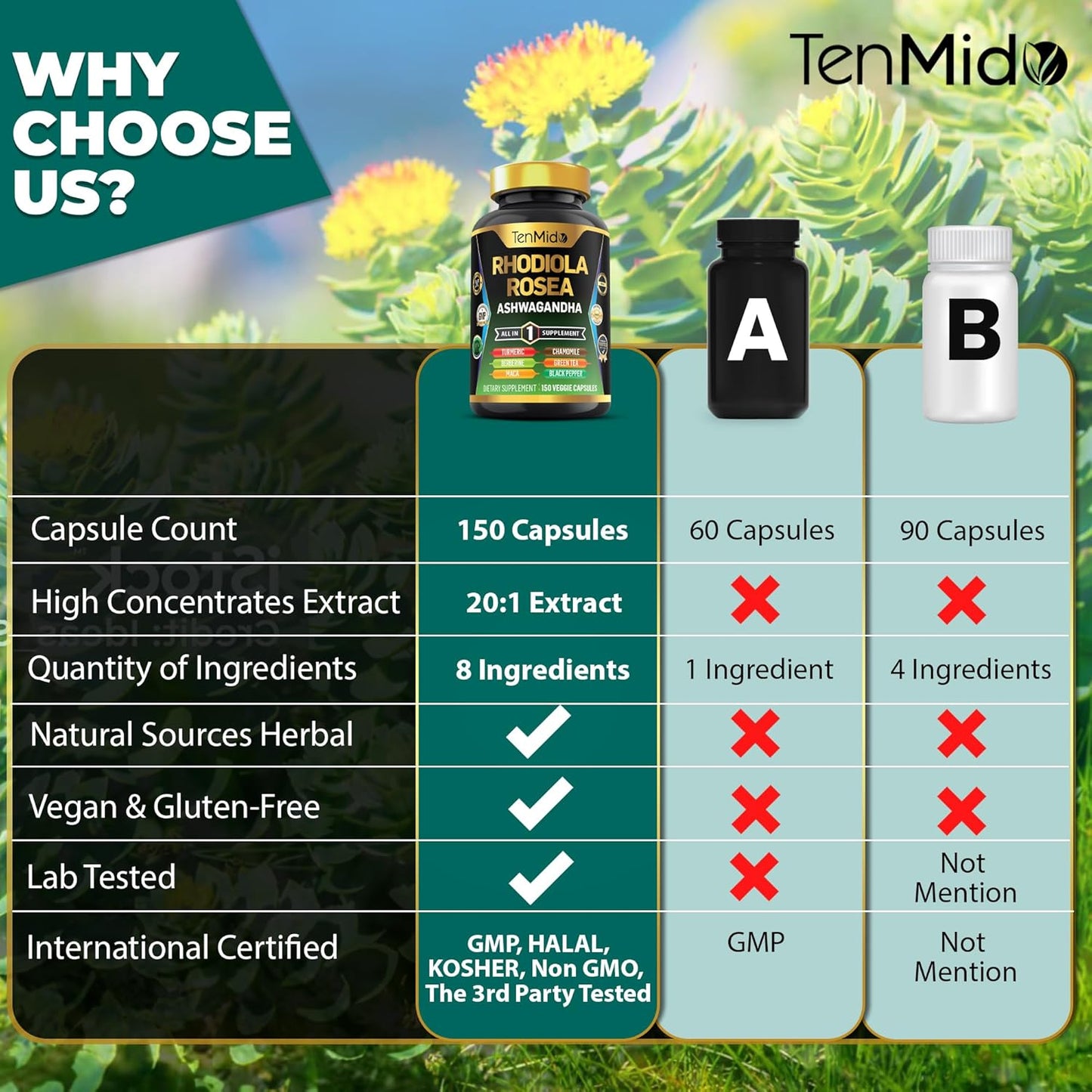 Rhodiola Rosea 8in1 Supplement with Ashwagandha, Turmeric, Berberine, Maca, Chamomile, Green Tea, Black Pepper - 150 Vegan Capsules