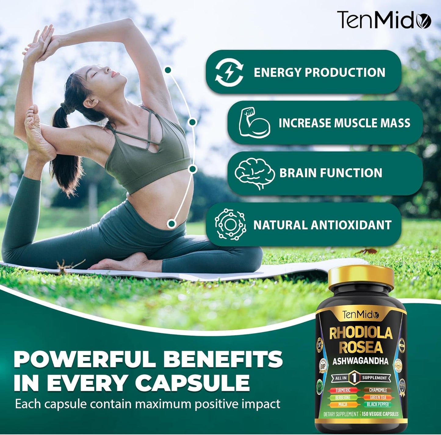 Rhodiola Rosea 8in1 Supplement with Ashwagandha, Turmeric, Berberine, Maca, Chamomile, Green Tea, Black Pepper - 150 Vegan Capsules
