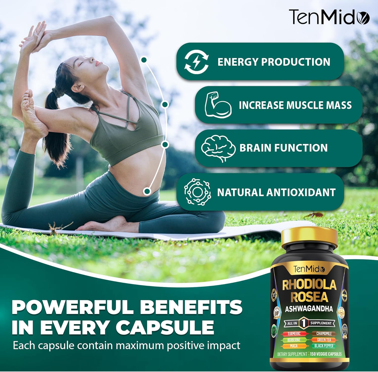 Rhodiola Rosea 8in1 Supplement with Ashwagandha, Turmeric, Berberine, Maca, Chamomile, Green Tea, Black Pepper - 150 Vegan Capsules