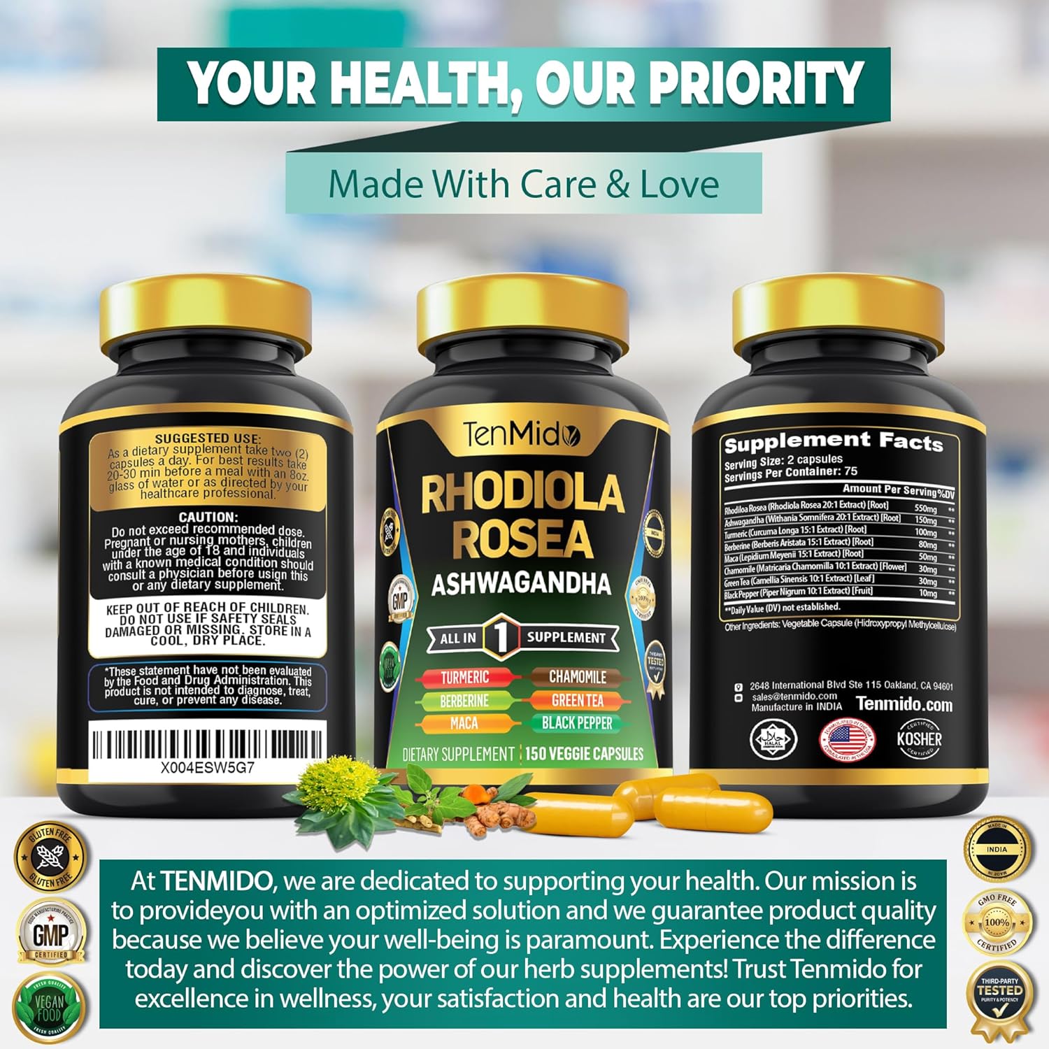Rhodiola Rosea 8in1 Supplement with Ashwagandha, Turmeric, Berberine, Maca, Chamomile, Green Tea, Black Pepper - 150 Vegan Capsules