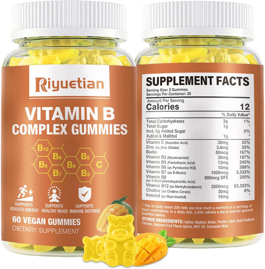 Riyuetian Vitamin B Complex with Biotin, Choline, Inositol, Vitamin C, and Zinc - Supports Energy, Mood, Immune System, Hair, and Skin - 60 Tablets