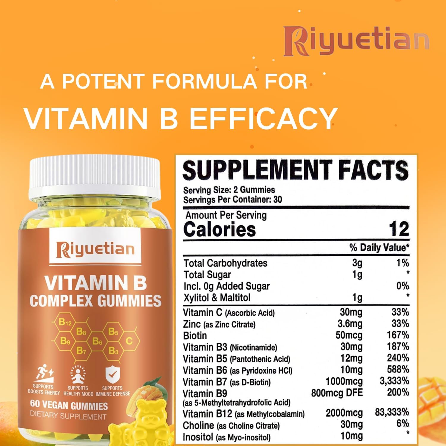Riyuetian Vitamin B Complex with Biotin, Choline, Inositol, Vitamin C, and Zinc - Supports Energy, Mood, Immune System, Hair, and Skin - 60 Tablets