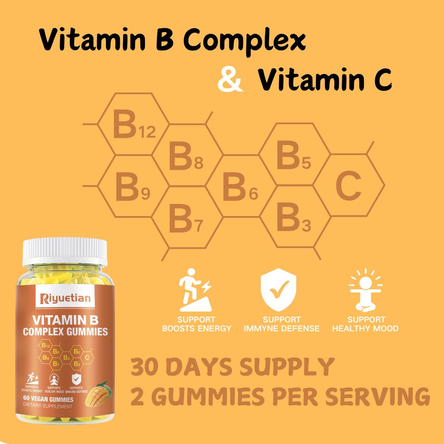 Riyuetian Vitamin B Complex with Biotin, Choline, Inositol, Vitamin C, and Zinc - Supports Energy, Mood, Immune System, Hair, and Skin - 60 Tablets