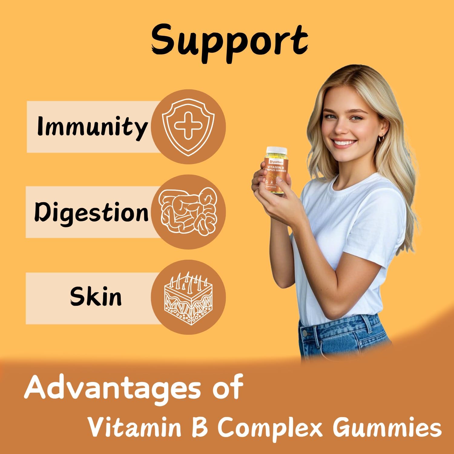 Riyuetian Vitamin B Complex with Biotin, Choline, Inositol, Vitamin C, and Zinc - Supports Energy, Mood, Immune System, Hair, and Skin - 60 Tablets