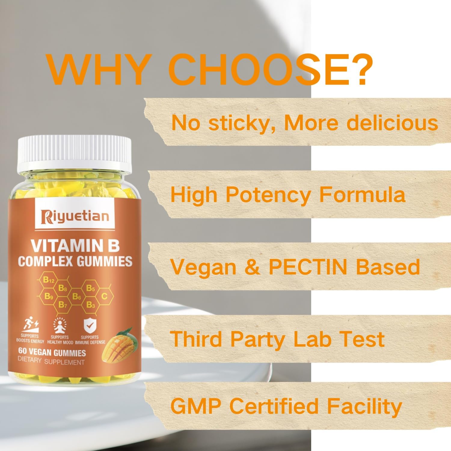 Riyuetian Vitamin B Complex with Biotin, Choline, Inositol, Vitamin C, and Zinc - Supports Energy, Mood, Immune System, Hair, and Skin - 60 Tablets
