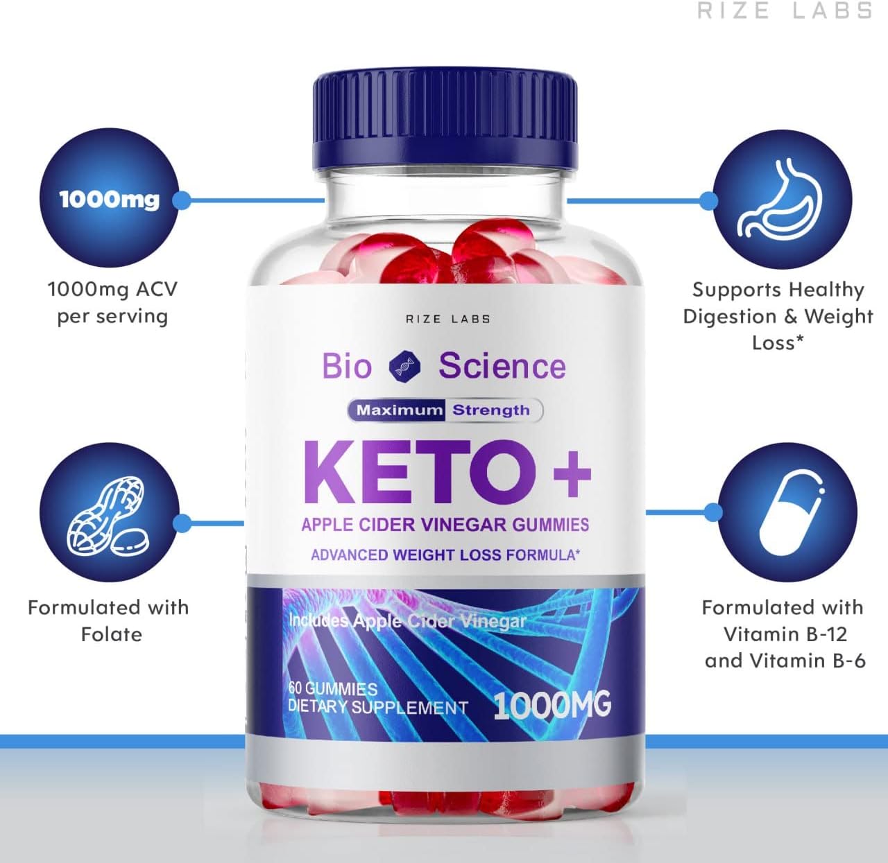 Rize Labs Bio Science Keto Plus Gummies with Apple Cider Vinegar - 240 Gummies for  Slimming Formula  - Extra Strength Formula
