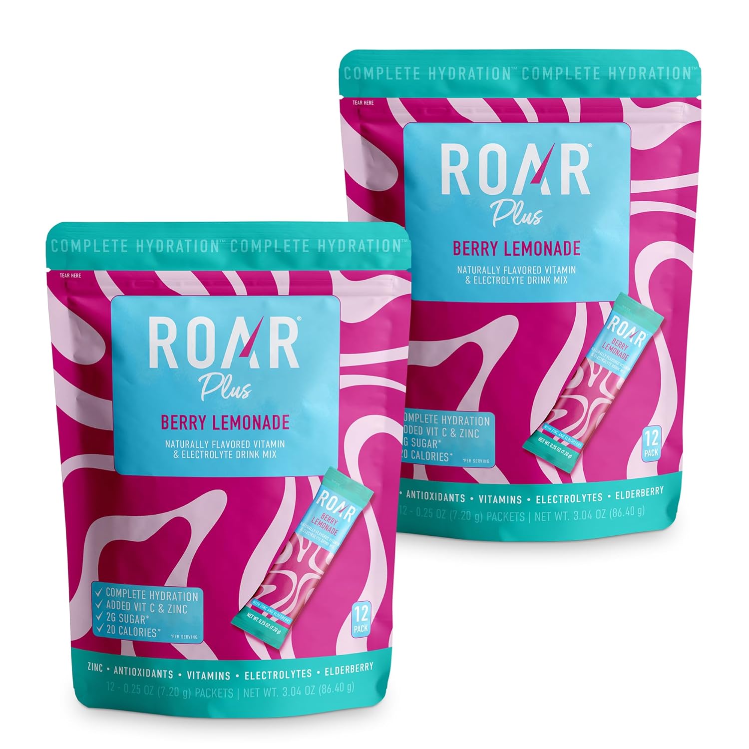 ROAR Complete Hydration Powder Plus with Zinc and Elderberry - Berry Lemonade Flavor - 24 Packets - Electrolytes, Non-GMO, Gluten Free