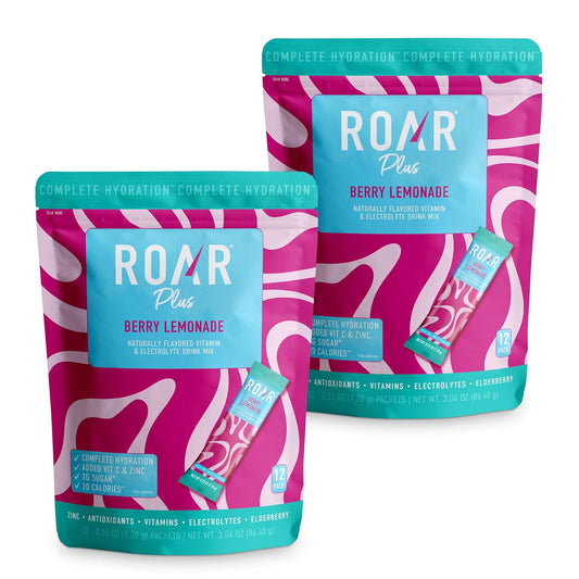 ROAR Complete Hydration Powder Plus with Zinc and Elderberry - Berry Lemonade Flavor - 24 Packets - Electrolytes, Non-GMO, Gluten Free