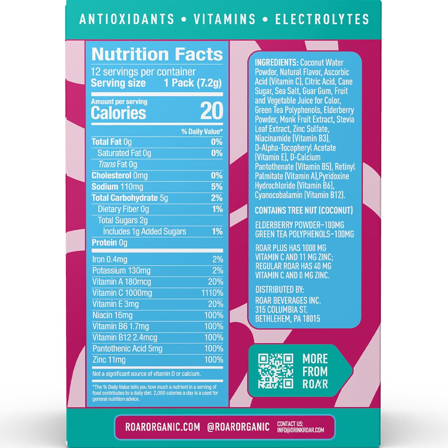 ROAR Complete Hydration Powder Plus with Zinc and Elderberry - Berry Lemonade Flavor - 24 Packets - Electrolytes, Non-GMO, Gluten Free