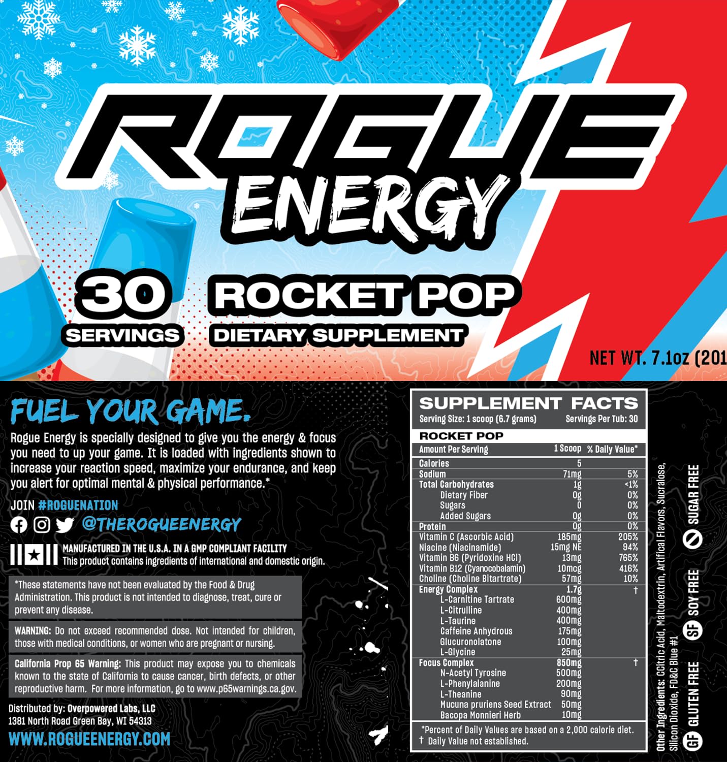 Rocket Pop Rogue Energy Drink Powder - Sugar & Gluten Free Gaming Supplement with Caffeine & Vitamins - Mental Focus & Energy for Long Gaming Hours - Made in USA - 30 Servings