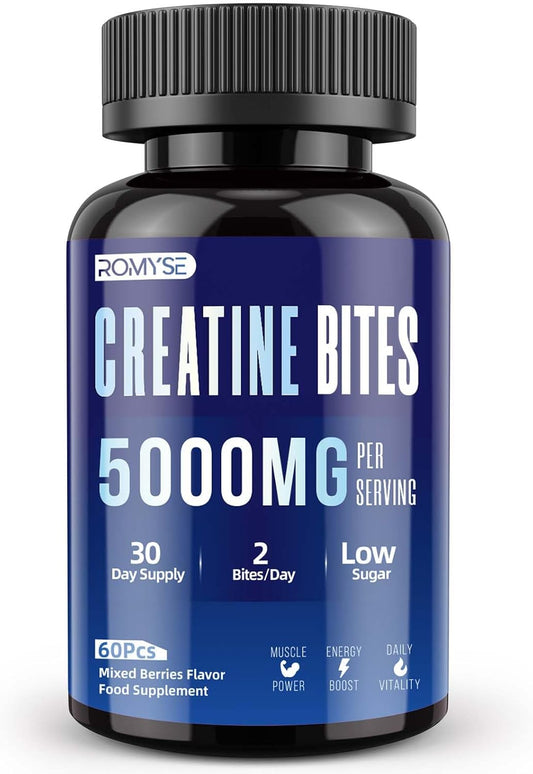 ROMYSE Mixed Blue Berry Creatine Gummy Bites - 5g Creatine Monohydrate - Low Sugar, No Artificial Colors - 60 Bites, 30 Days Supply