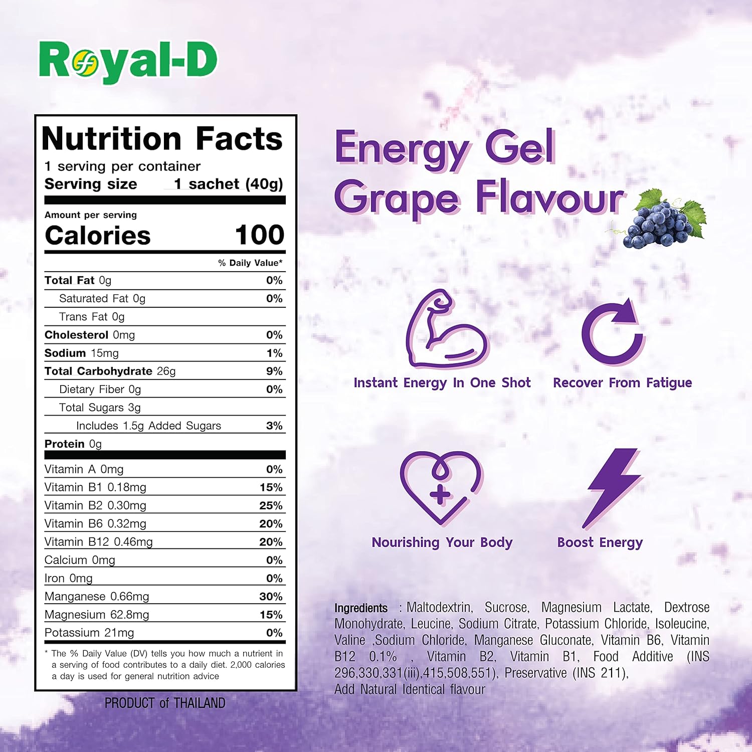 Royal-D Energy Gels - Grape Flavor, 1.4 Oz Packets (20 Count) for Running and Cycling