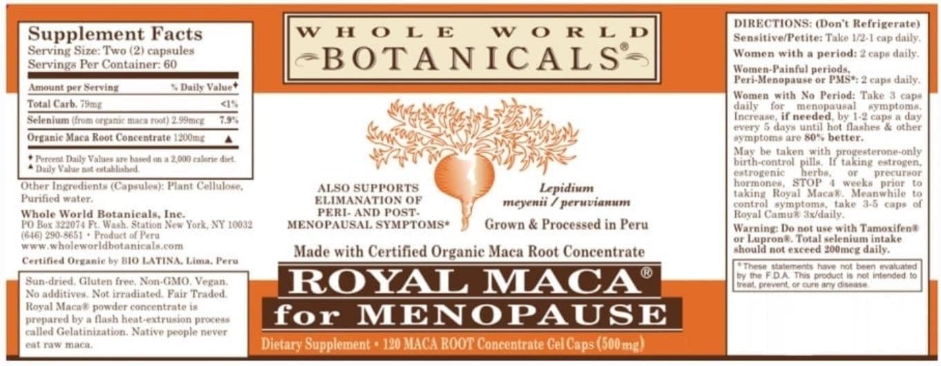 Royal Maca 120 Gel Capsules for Menopause Support - Whole World Brand