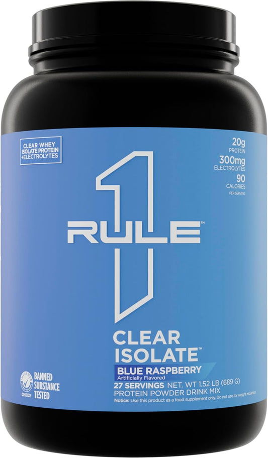 Rule One Proteins Clear Isolate: Blue Raspberry Flavor, 20g All-Whey Isolate Protein, 9g EAAs, 300mg Electrolytes, 90 Calories, 27 Servings