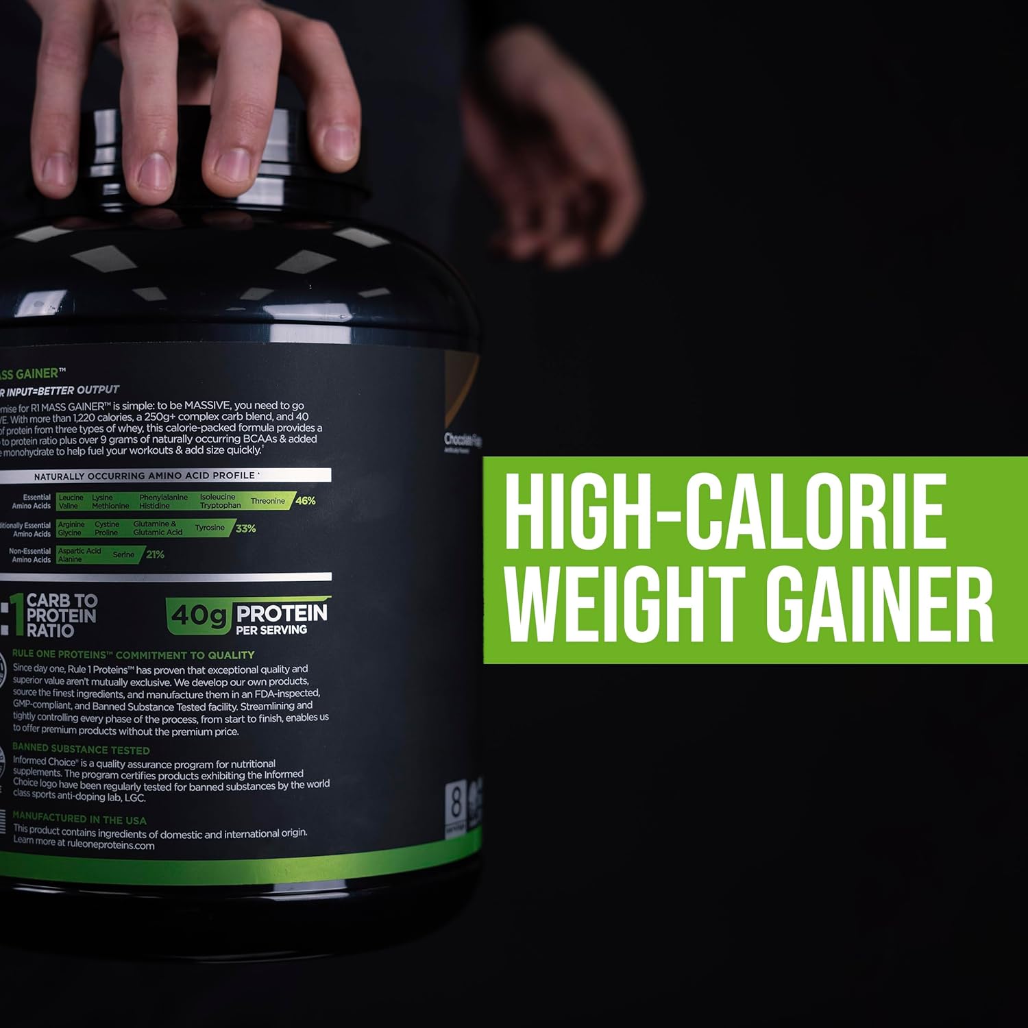 Rule One Proteins Mass Gainer - Chocolate Peanut Butter, High-Calorie Weight Gain Formula with 1,220+ Calories, 250g+ Complex Carb Blend, 40g All-Whey Protein, 8g Fat Per Serving, 12 Pounds, 16 Servings