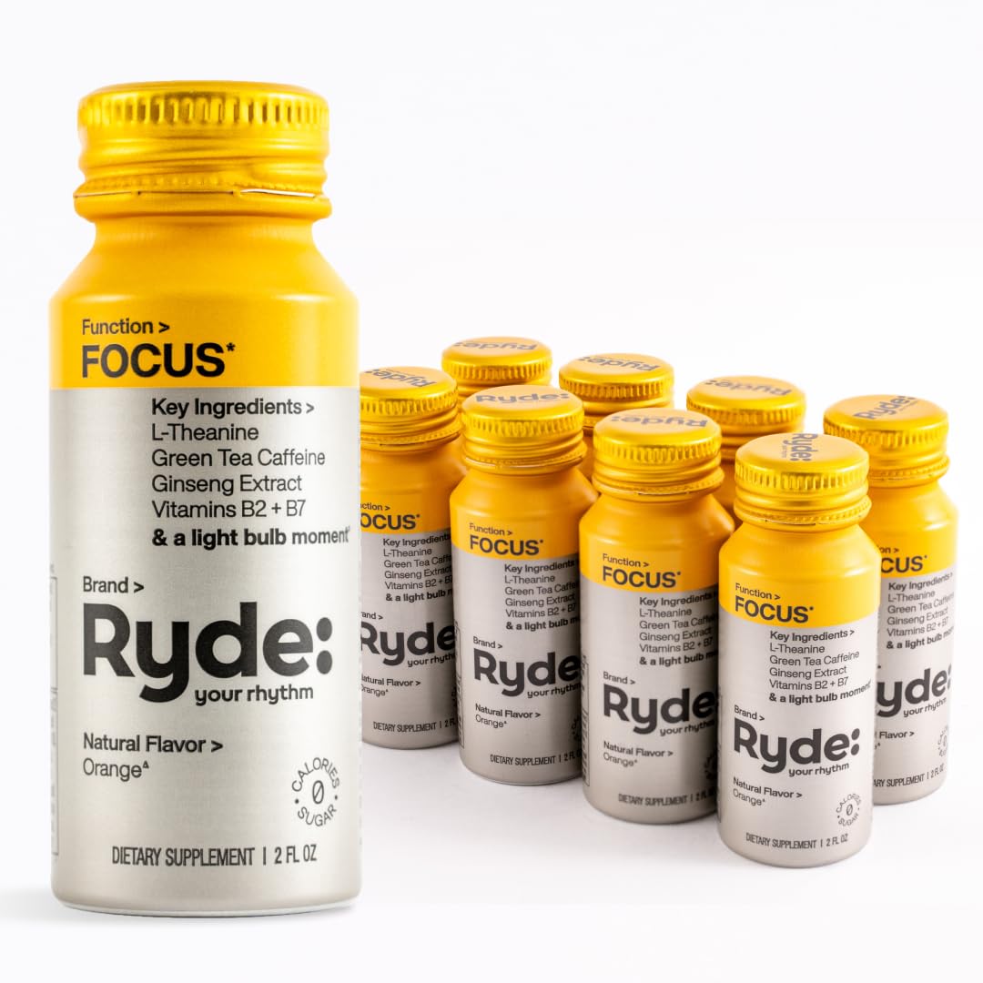 RYDE Shots: Energy & Focus Boost with B Vitamins and Caffeine, Zero Calories - Pack of 16