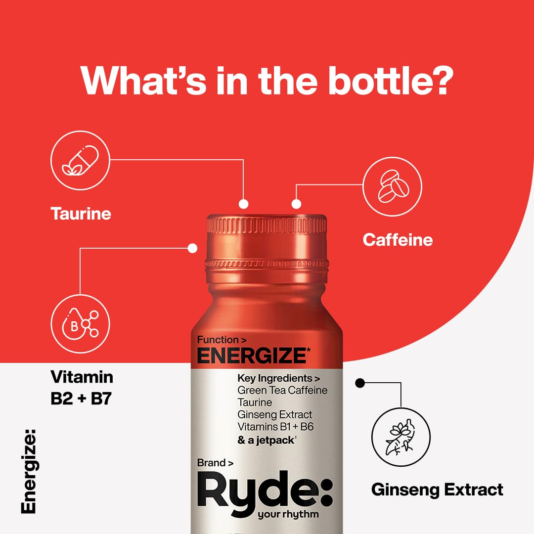RYDE Shots: Energy & Focus Boost with B Vitamins and Caffeine, Zero Calories - Pack of 16