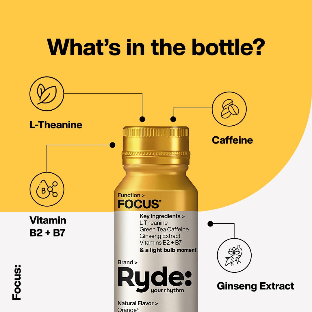 RYDE Shots: Energy & Focus Boost with B Vitamins and Caffeine, Zero Calories - Pack of 16
