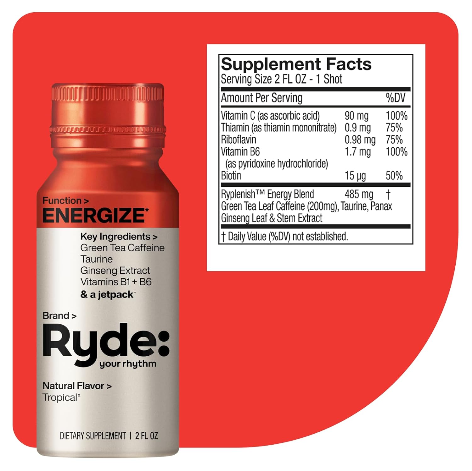 RYDE Shots: Energy & Focus Boost with B Vitamins and Caffeine, Zero Calories - Pack of 16
