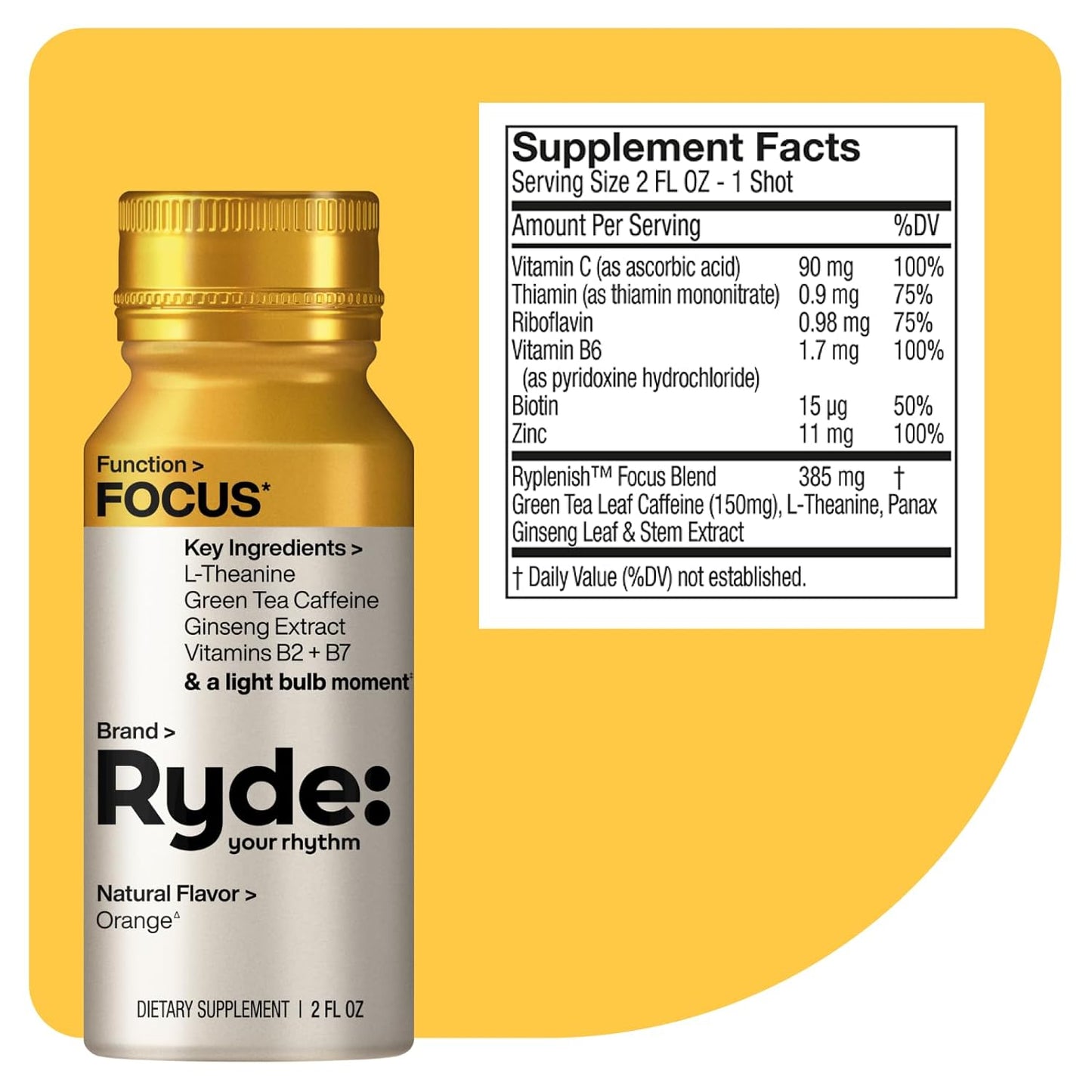 RYDE Shots: Energy & Focus Boost with B Vitamins and Caffeine, Zero Calories - Pack of 16