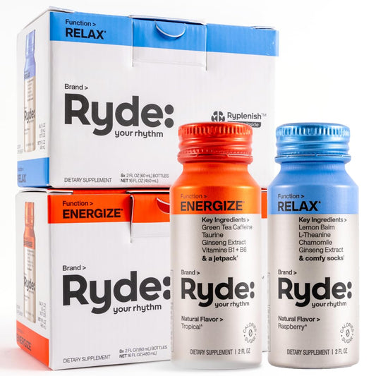 RYDE Shots: Natural Energy & Relaxation Blend with B Vitamins, Ginseng, Chamomile, Caffeine | Zero Cal, Sugar-Free | 16 Pack
