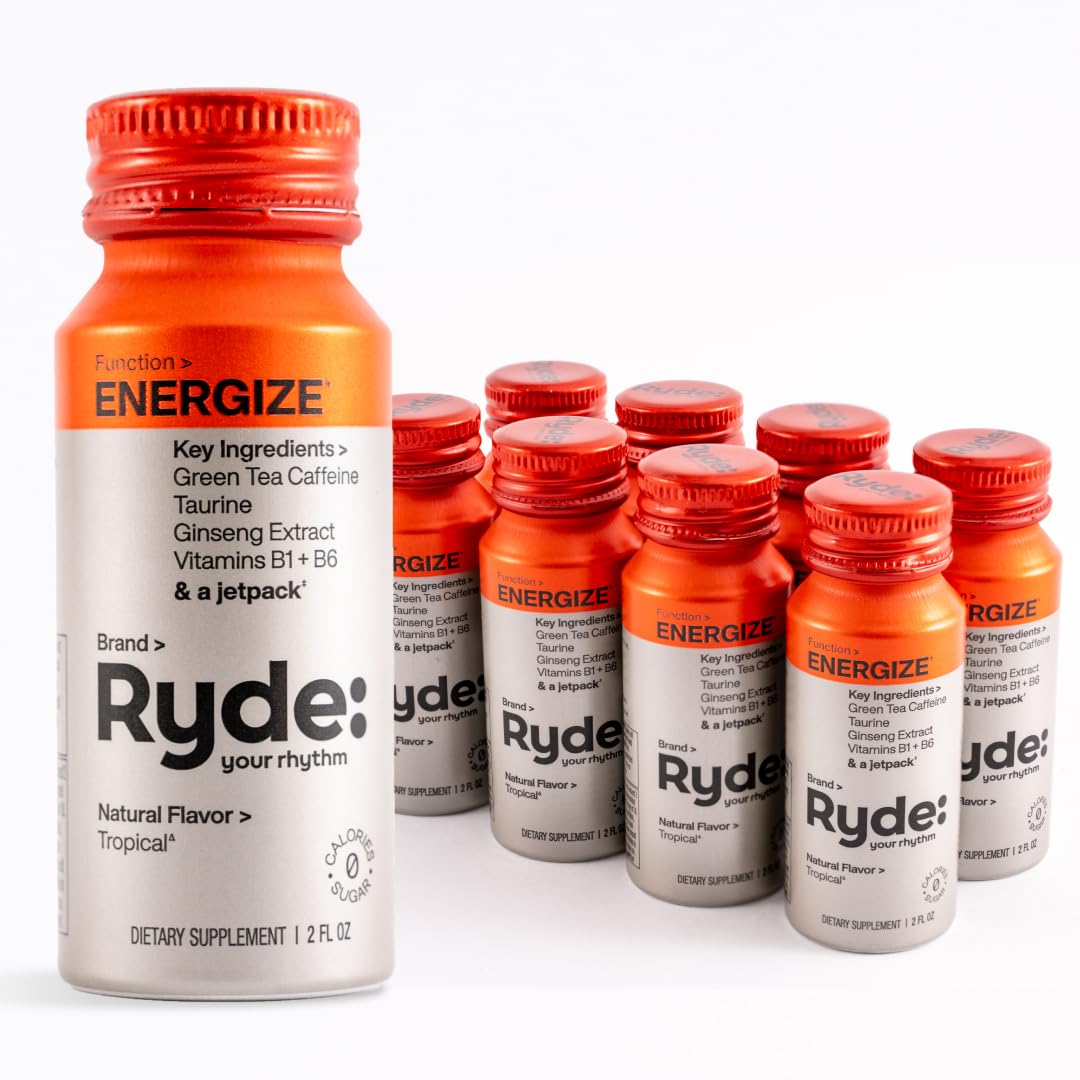 RYDE Shots: Natural Energy & Relaxation Blend with B Vitamins, Ginseng, Chamomile, Caffeine | Zero Cal, Sugar-Free | 16 Pack