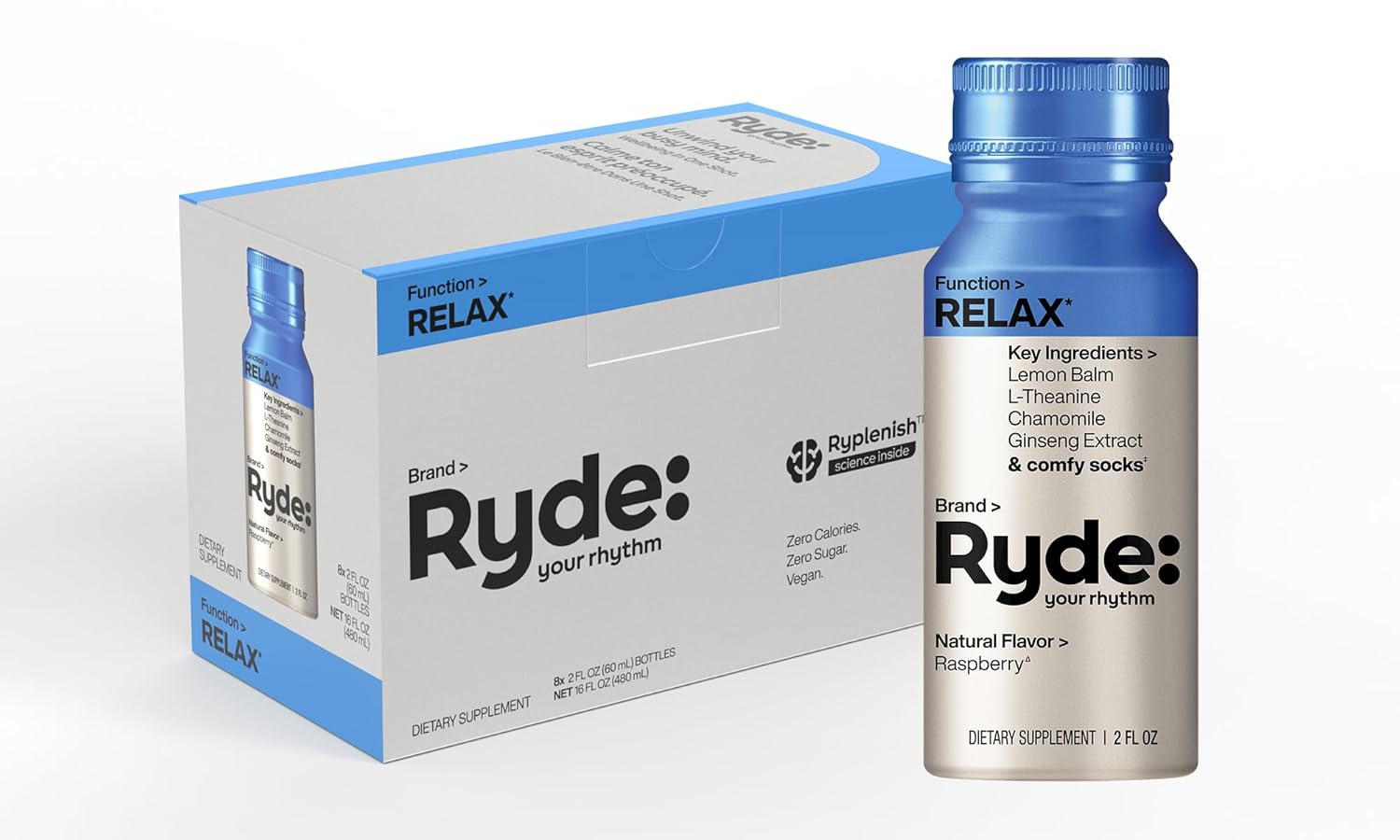 RYDE Shots: Natural Energy & Relaxation Blend with B Vitamins, Ginseng, Chamomile, Caffeine | Zero Cal, Sugar-Free | 16 Pack