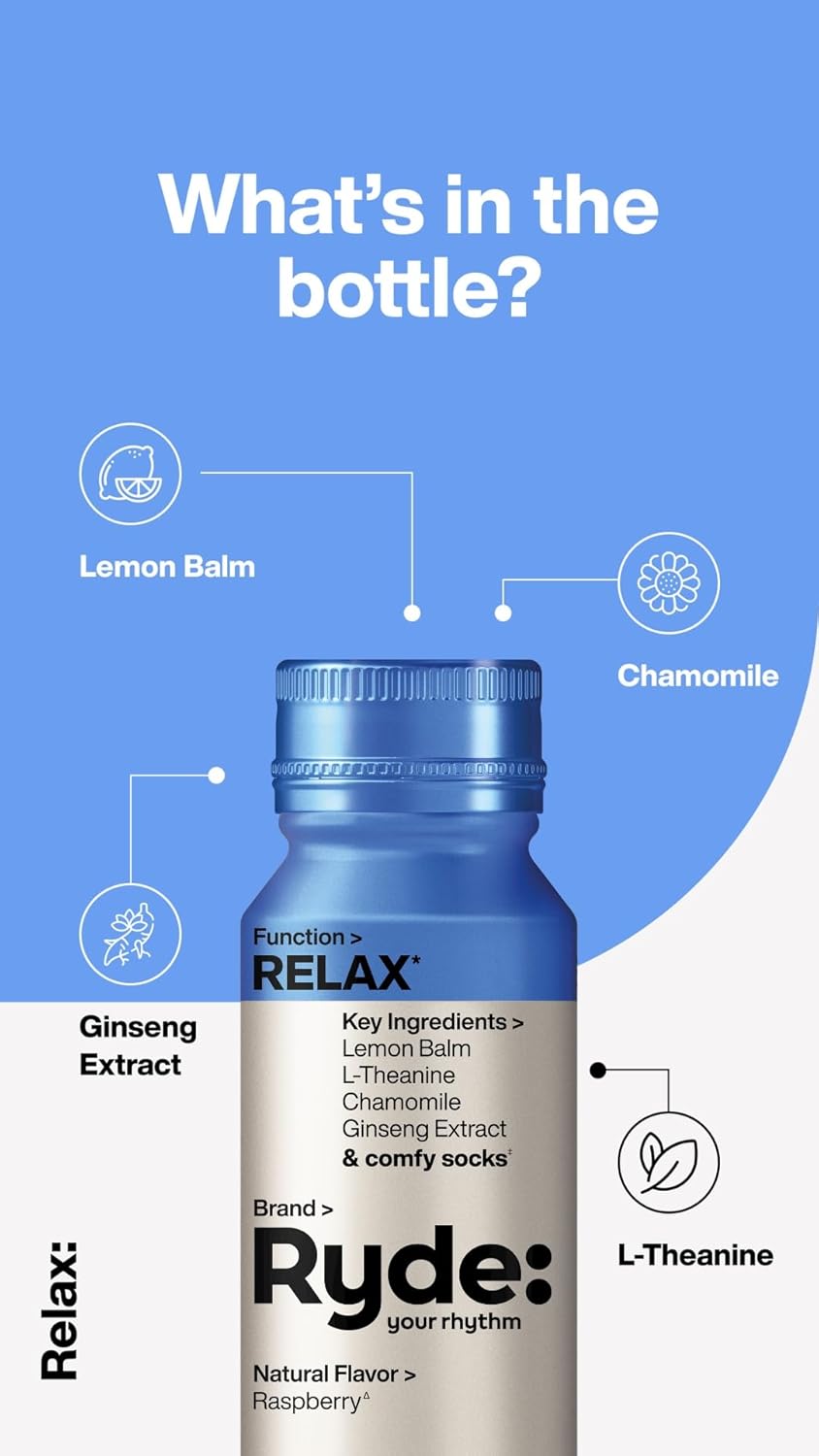 RYDE Shots: Natural Energy & Relaxation Blend with B Vitamins, Ginseng, Chamomile, Caffeine | Zero Cal, Sugar-Free | 16 Pack