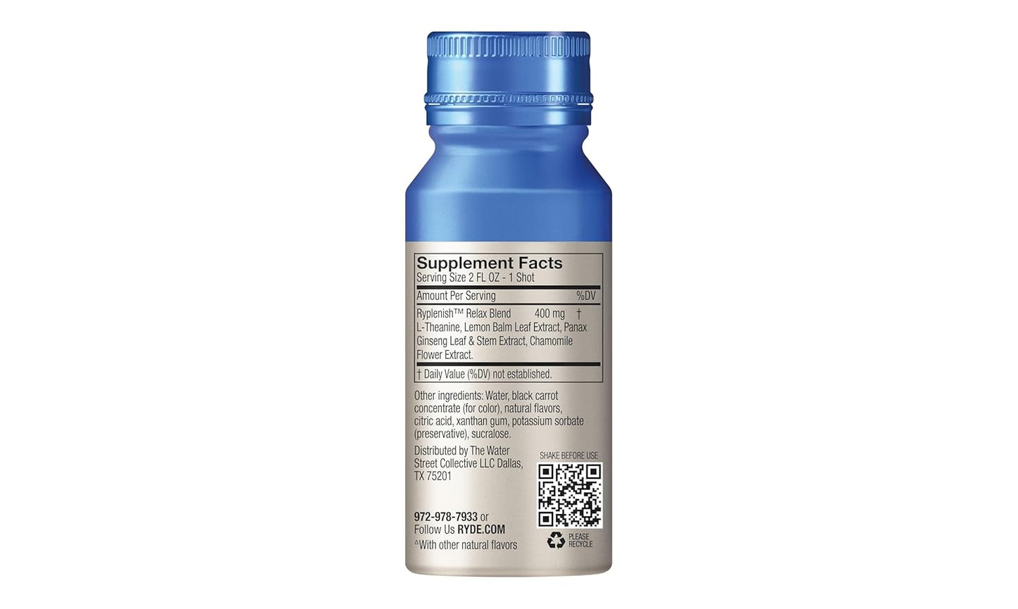 RYDE Shots: Natural Energy & Relaxation Blend with B Vitamins, Ginseng, Chamomile, Caffeine | Zero Cal, Sugar-Free | 16 Pack