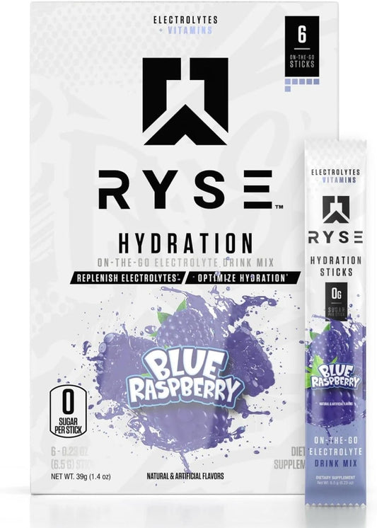 RYSE Core Hydration Electrolyte Drink Mix Packets - Blue Raspberry Flavor - Zero Sugar - 6 Servings - All 6 Electrolytes & Essential Vitamins - On The Go