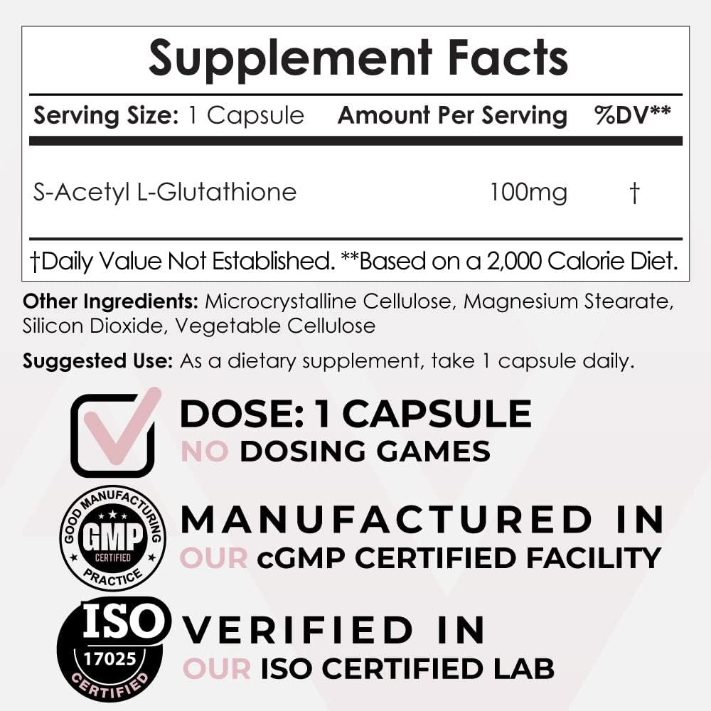 S-Acetyl L-Glutathione Capsules 100mg - 60 Count | High Bioavailability Glutathione Supplement by Nootropics Depot