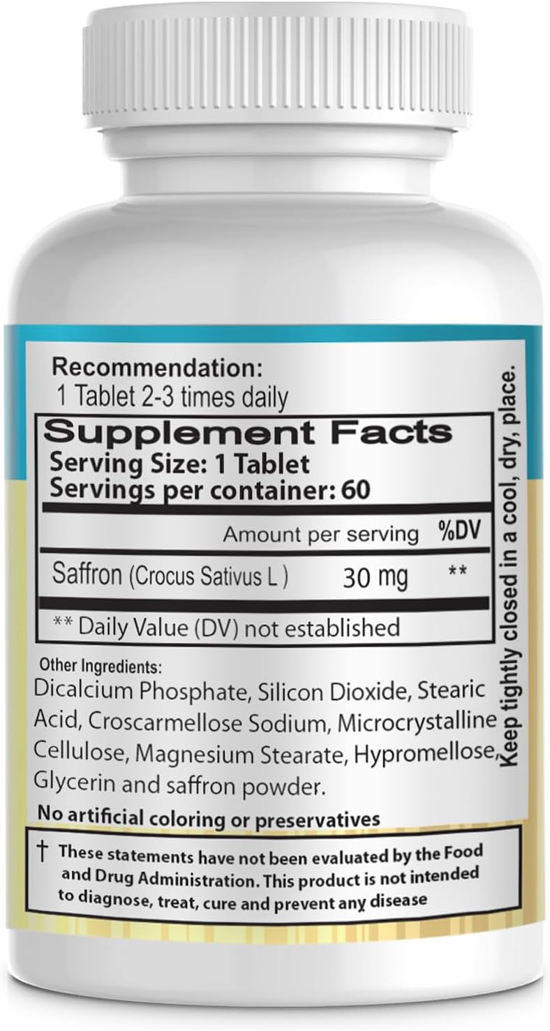 Saffron Supplement for Mood, Focus, Vision, and Energy - 60 Tablets