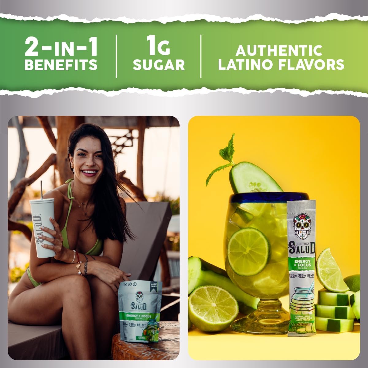 Salud Salud Cucumber Lime Energy Drink Powder with Focus - Organic, Non-GMO, Vegan, Gluten-Free, 15 Servings