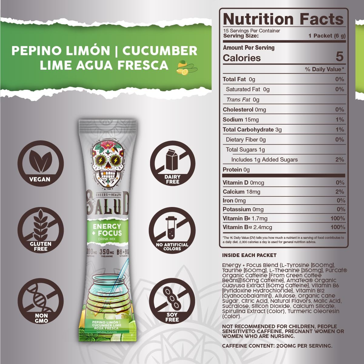 Salud Salud Cucumber Lime Energy Drink Powder with Focus - Organic, Non-GMO, Vegan, Gluten-Free, 15 Servings