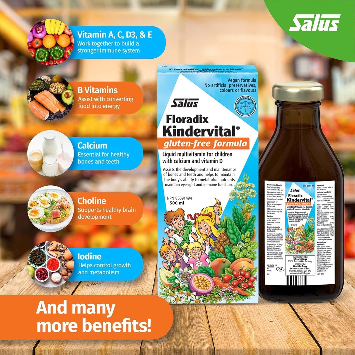SALUS Children's Kindervital Floradix Multivitamin Liquid Supplement, 500 ML