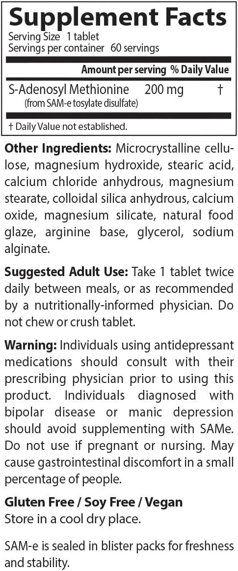SAM-e 400 mg - Vegan Mood & Joint Support Supplement - 60 Enteric Coated Tablets - Non-GMO & Gluten Free - Doctor's Best