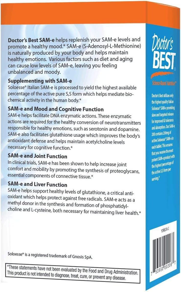 SAM-e 400 mg - Vegan Mood & Joint Support Supplement - 60 Enteric Coated Tablets - Non-GMO & Gluten Free - Doctor's Best