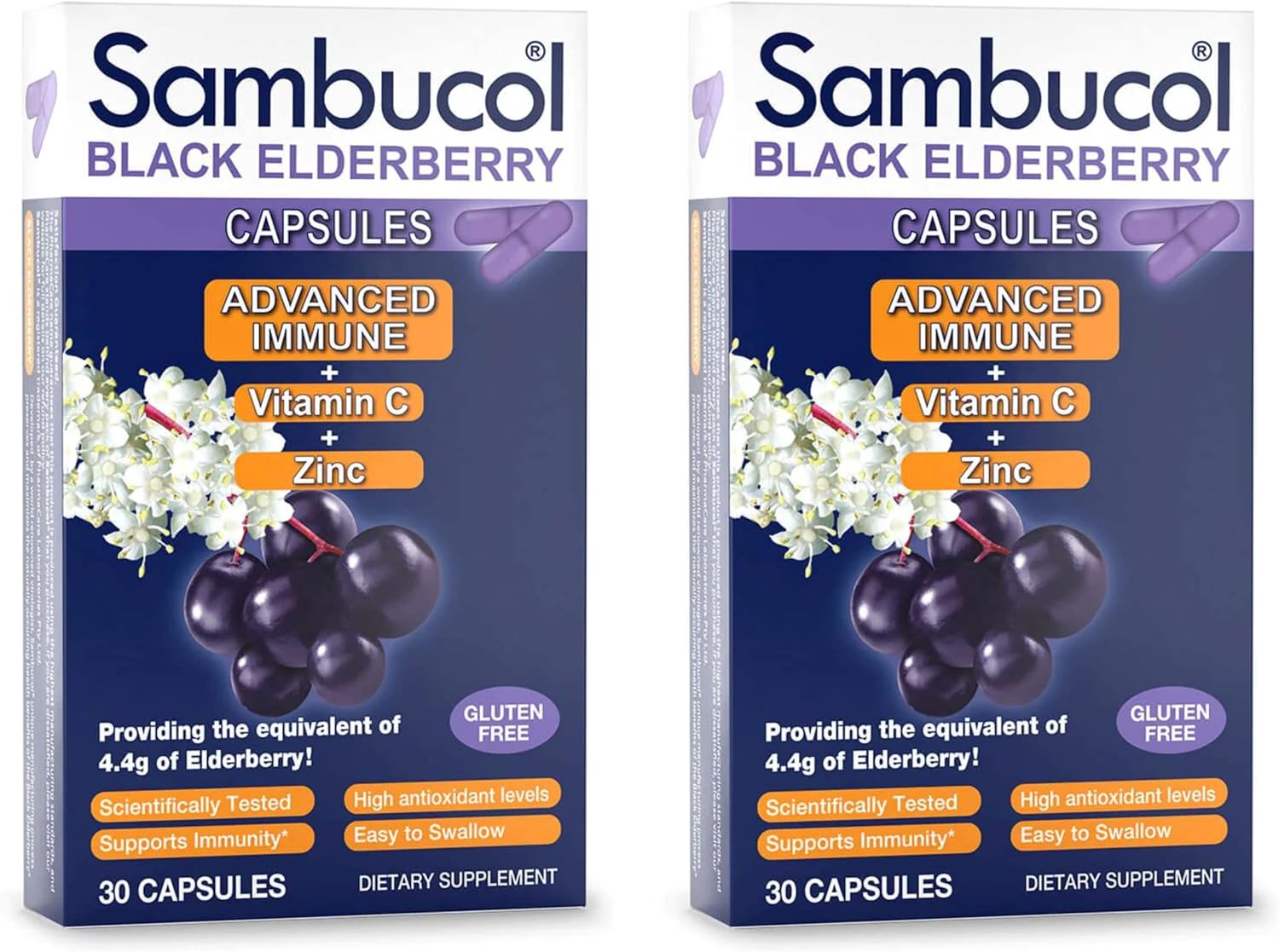 Sambucol Black Elderberry Capsules - Immune Support with Vitamin C and Zinc - Gluten Free - 30 Count x 2 Pack