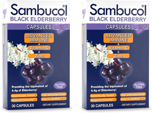 Sambucol Black Elderberry Capsules - Immune Support with Vitamin C and Zinc - Gluten Free - 30 Count x 2 Pack