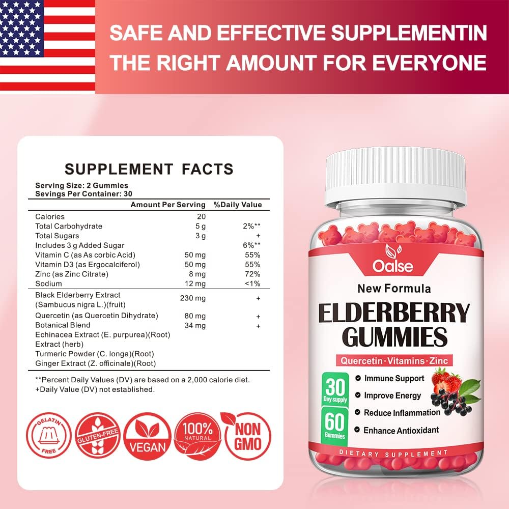 Sambucus Black Elderberry Gummies with Zinc, Vitamin C & D3 - Immune Support for Kids and Adults - Organic Elderberry Gummies - 60 Count (Pack of 2)