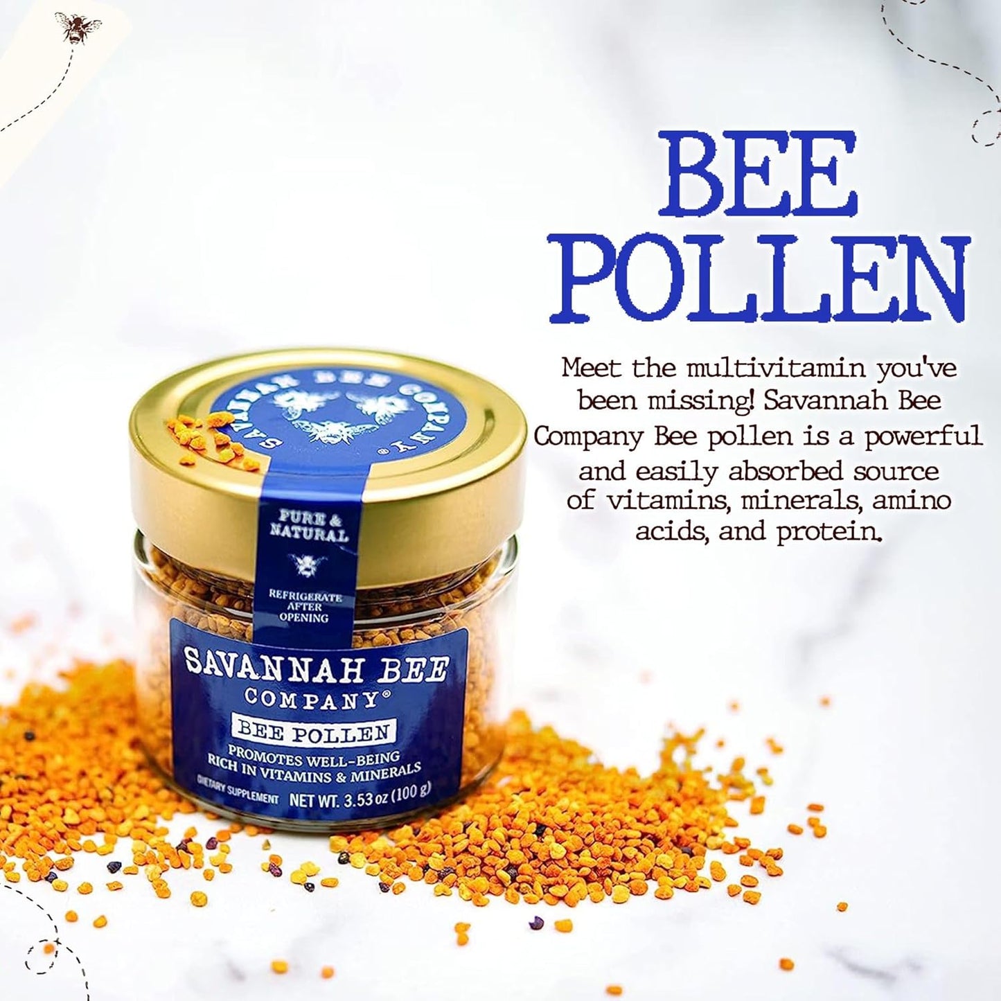 Savannah Bee Company Bee Pollen Supplement - Immune System Support - Antioxidant-Rich - Natural & Raw - Vitamins & Minerals