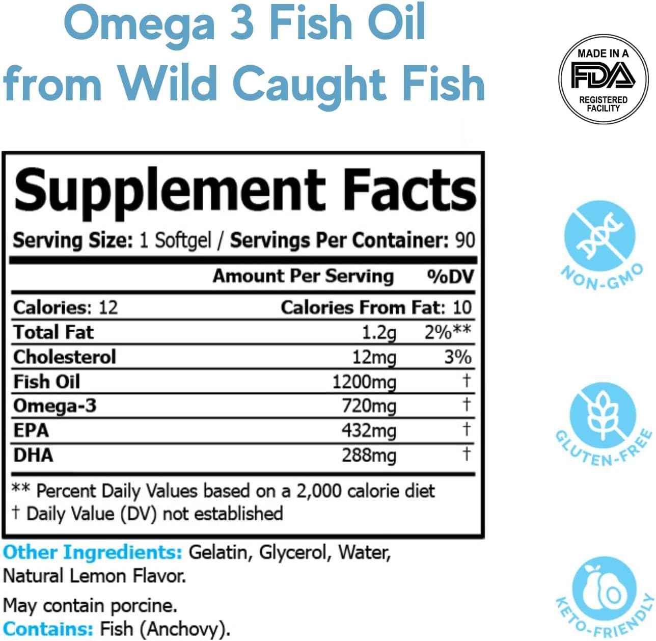Sea-Harvested Pelagic Omega-3 Fish Oil for Heart Health, Eyes and Joint Support - 1200mg, 90-Day Supply - High Potency EPA DHA Fatty Acids - Lemon Flavor Anchovy Fish Oil - 90 Softgels