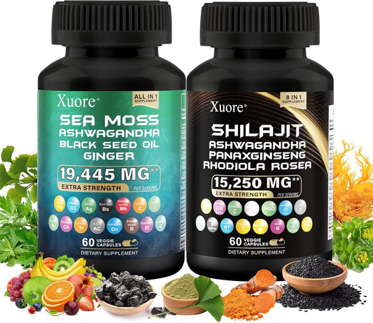 Sea Moss, Black Seed Oil, Ashwagandha, Ginger, Shilajit, Rhodiola Rosea, Panax Ginseng Capsules Bundle - 120 Capsules.