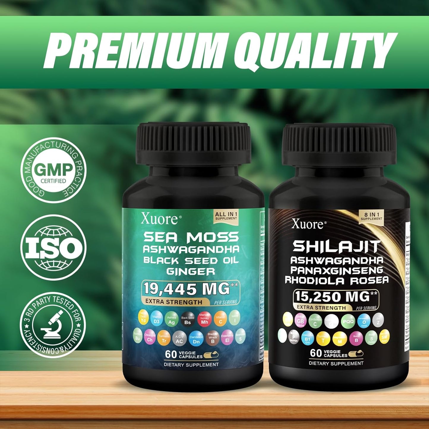Sea Moss, Black Seed Oil, Ashwagandha, Ginger, Shilajit, Rhodiola Rosea, Panax Ginseng Capsules Bundle - 120 Capsules.