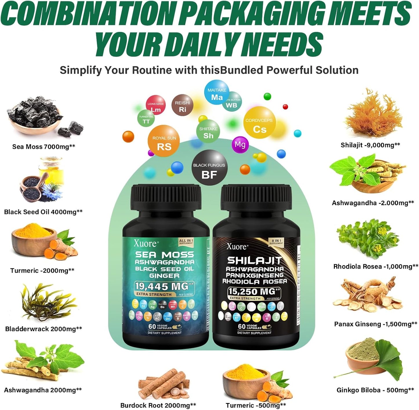 Sea Moss, Black Seed Oil, Ashwagandha, Ginger, Shilajit, Rhodiola Rosea, Panax Ginseng Capsules Bundle - 120 Capsules.