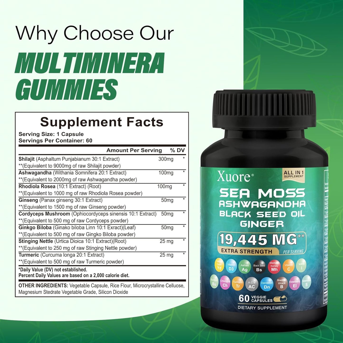 Sea Moss, Black Seed Oil, Ashwagandha, Ginger, Shilajit, Rhodiola Rosea, Panax Ginseng Capsules Bundle - 120 Capsules.
