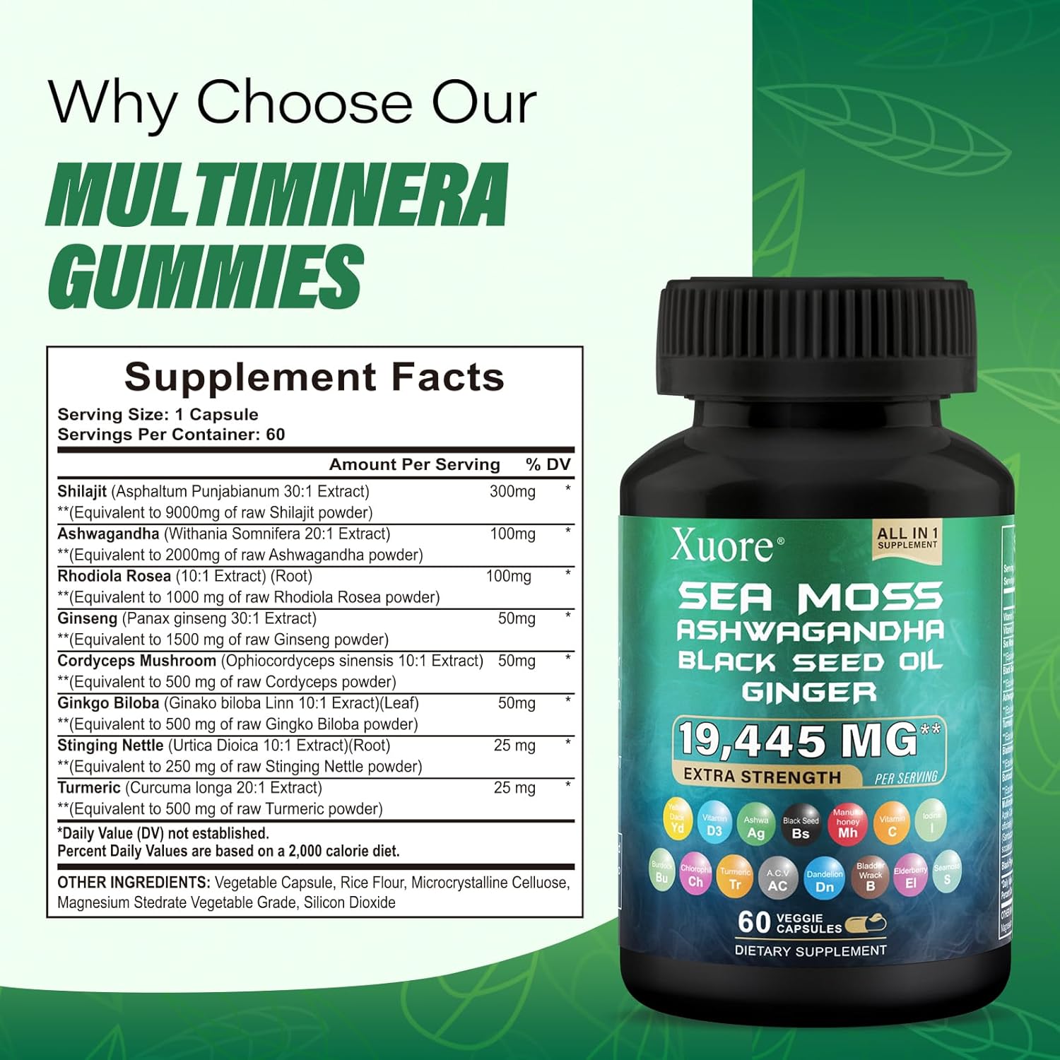 Sea Moss, Black Seed Oil, Ashwagandha, Ginger, Shilajit, Rhodiola Rosea, Panax Ginseng Capsules Bundle - 120 Capsules.