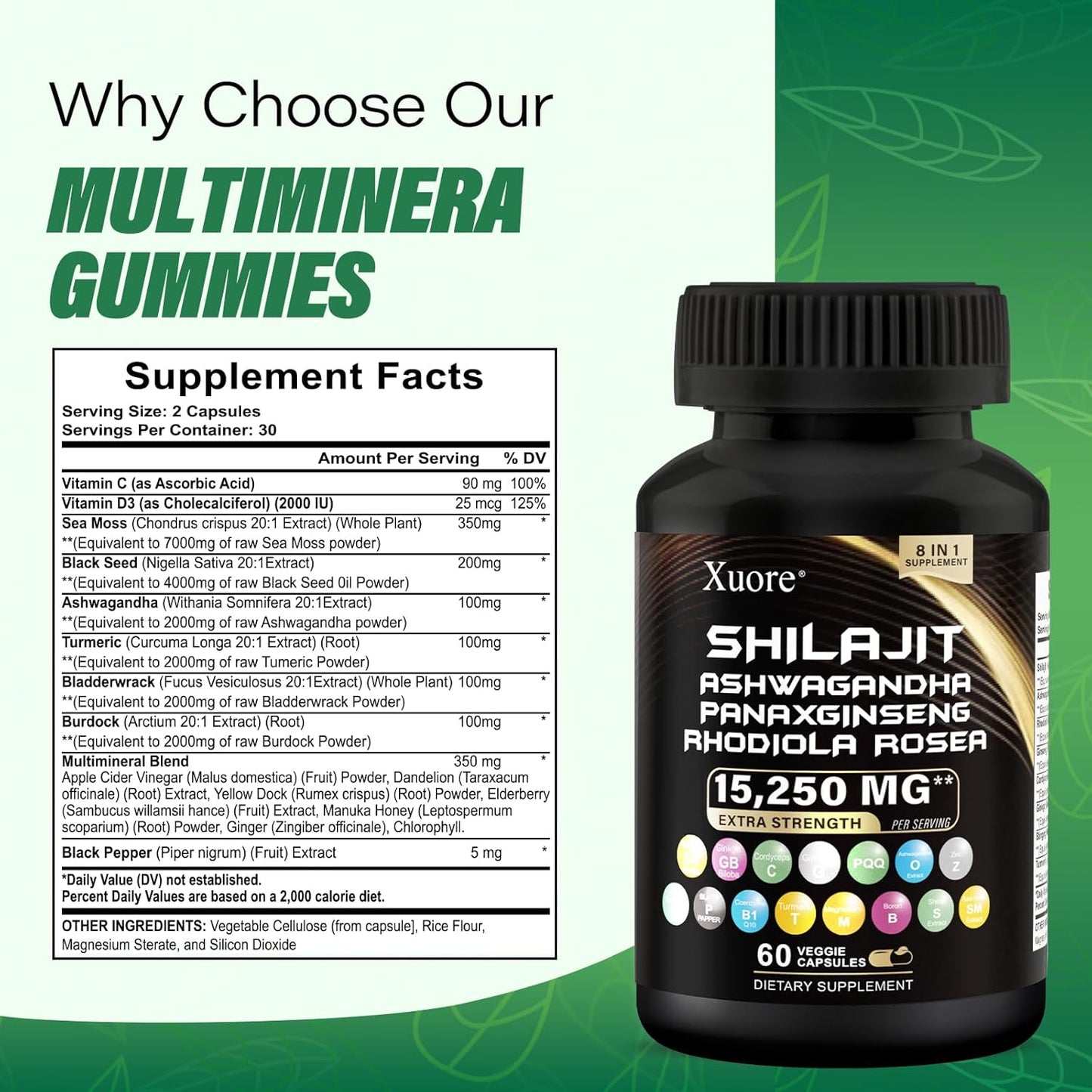 Sea Moss, Black Seed Oil, Ashwagandha, Ginger, Shilajit, Rhodiola Rosea, Panax Ginseng Capsules Bundle - 120 Capsules.