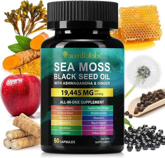 Sea Moss Black Seed Oil Capsules with Ashwagandha, Turmeric, Vitamin C, D3, Apple Cider Vinegar - Boost Bone & Skin Health, Immune System, Energy - 60 Count - Women & Men