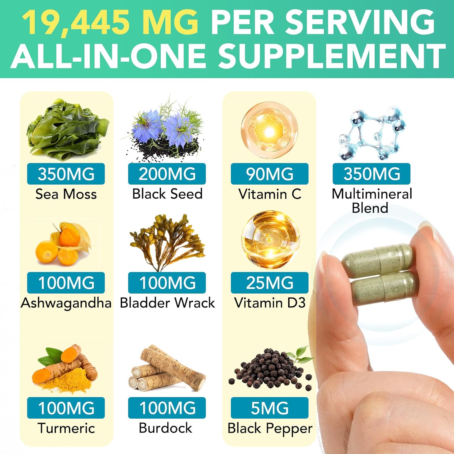 Sea Moss Black Seed Oil Capsules with Ashwagandha, Turmeric, Vitamin C, D3, Apple Cider Vinegar - Boost Bone & Skin Health, Immune System, Energy - 60 Count - Women & Men